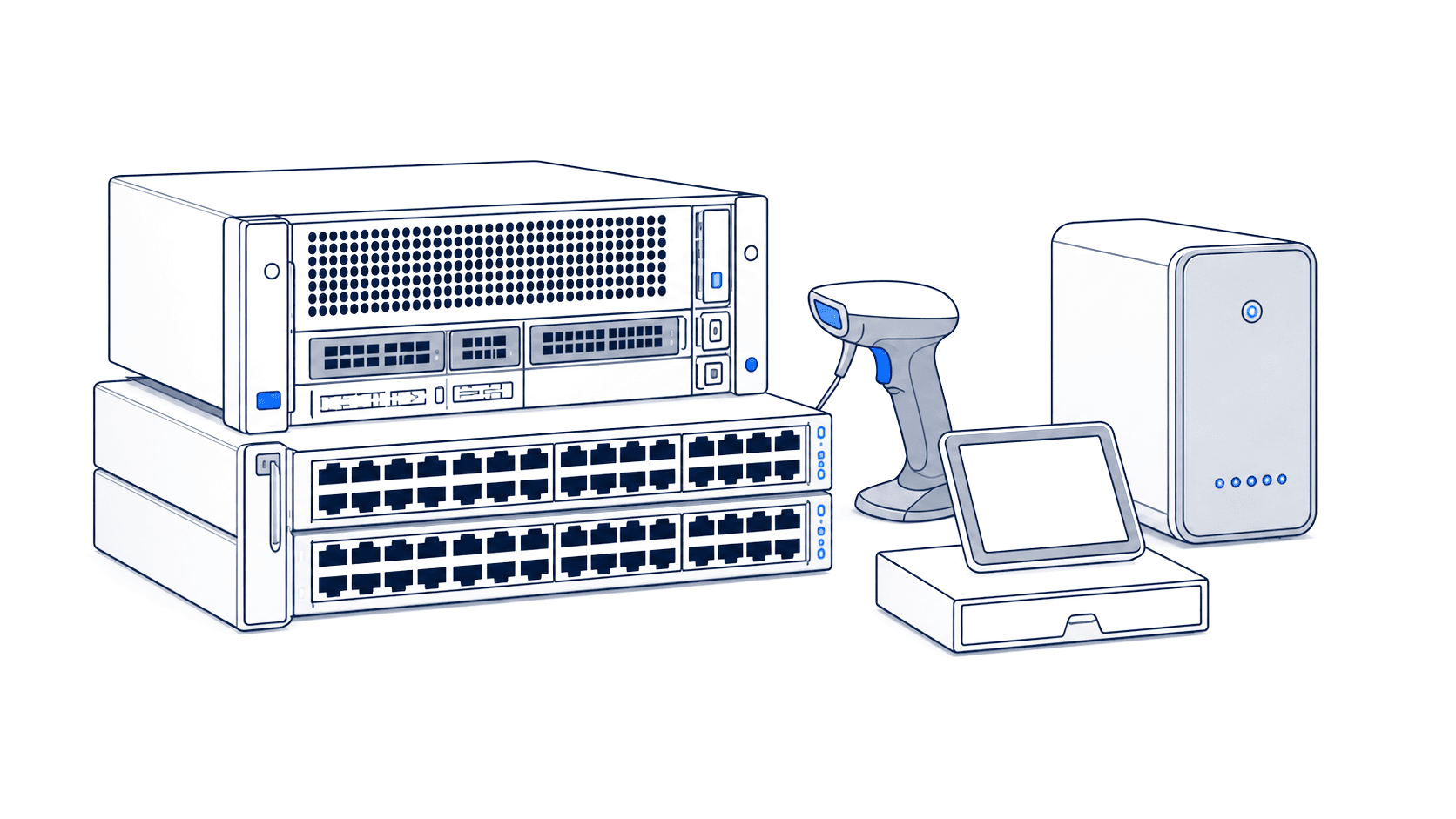 Illustration of a server, network switches, barcode scanner, counter terminal and backup storage