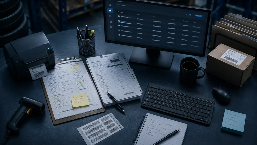 Desk with paperwork, keyboard, and monitor in a distribution office