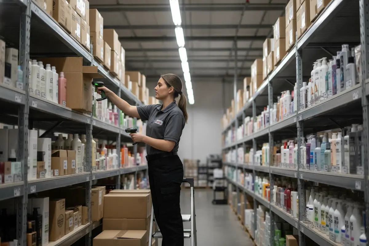 Beauty supply inventory manager reviewing product shelves and stock levels