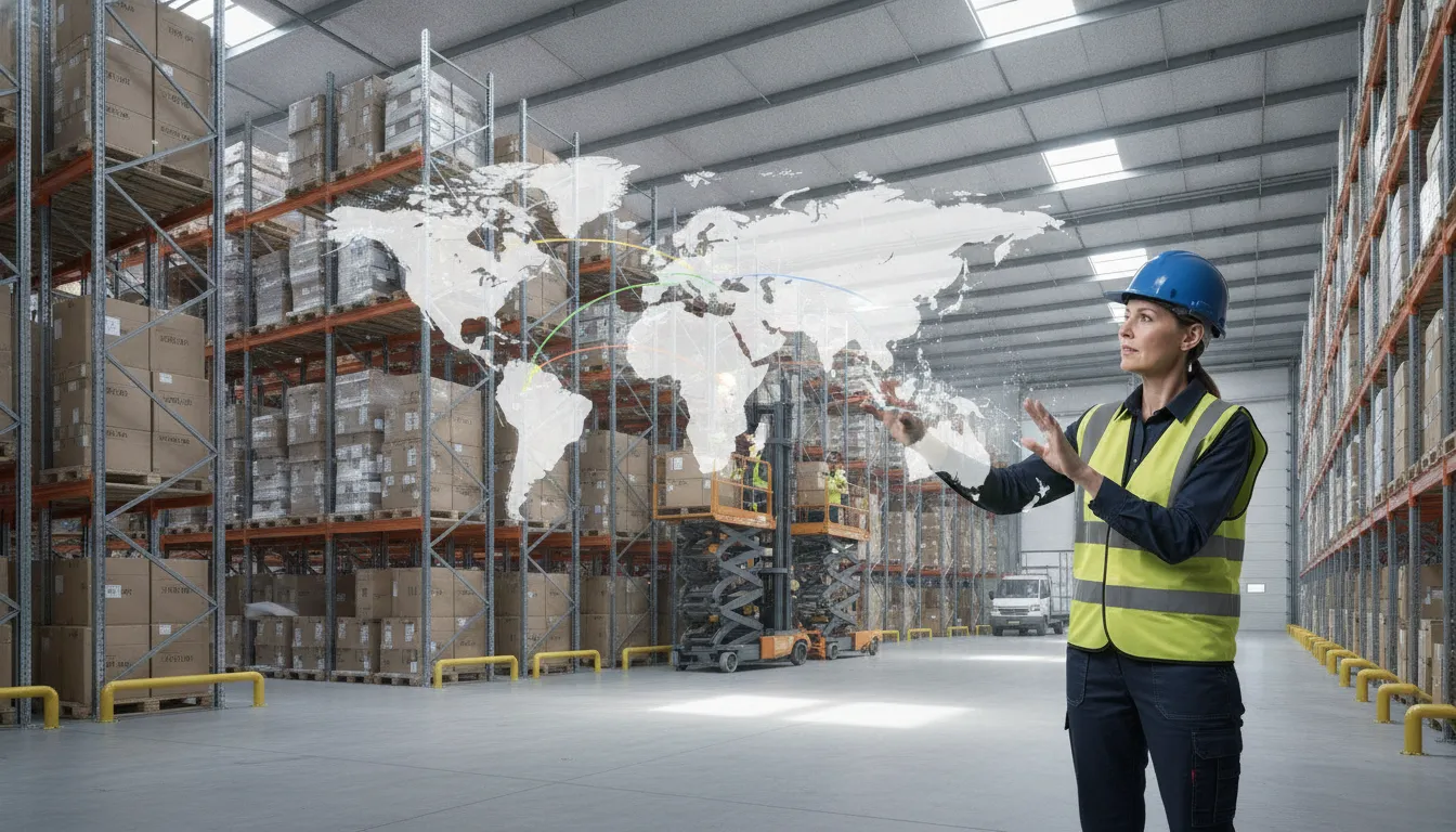 Warehouse manager reviewing inventory across multiple distribution facilities